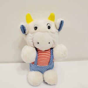 Plush White Cow Toy With Yellow Horns Blue Polka Dotted Overalls & Red Striped